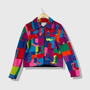 Michael Simon Sweater Jacket Women Medium Multicolor Cowboy Boot Western Vintage